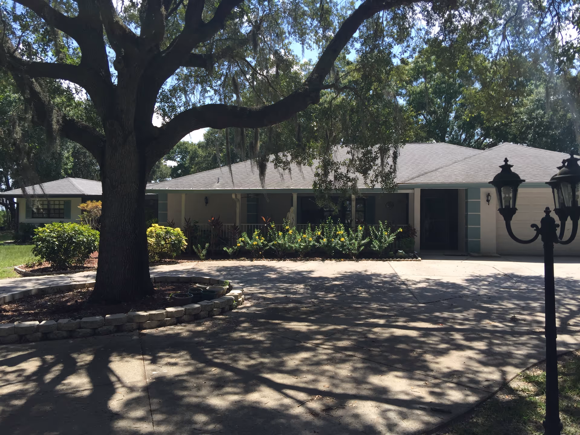 Front exterior view of a single-story house with a large tree in the front yard casting shadows on the driveway. The house has a light-colored roof, a porch with plants and shrubs along the front, and a driveway leading to a garage. A black lamp post with three lanterns is visible on the right side of the driveway.