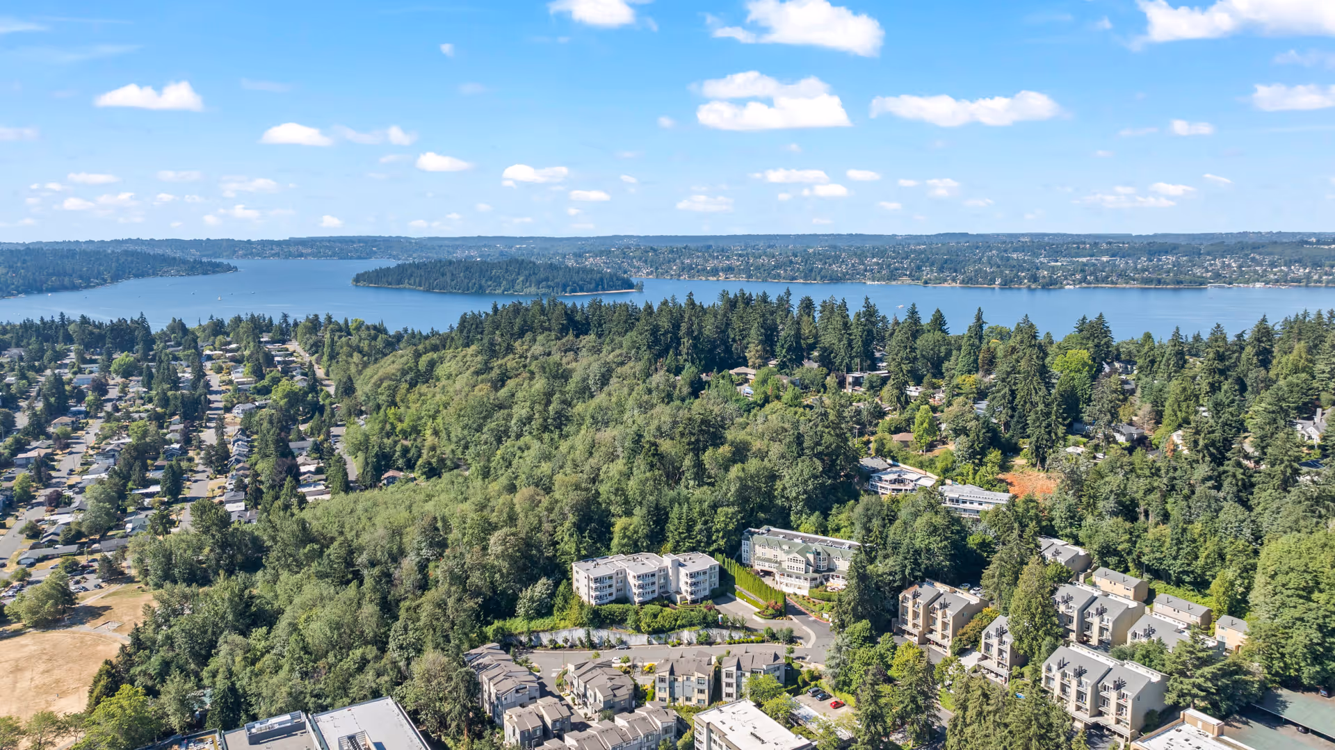 Aerial view of a residential area surrounded by dense green trees with a large body of water in the background under a blue sky with scattered clouds.