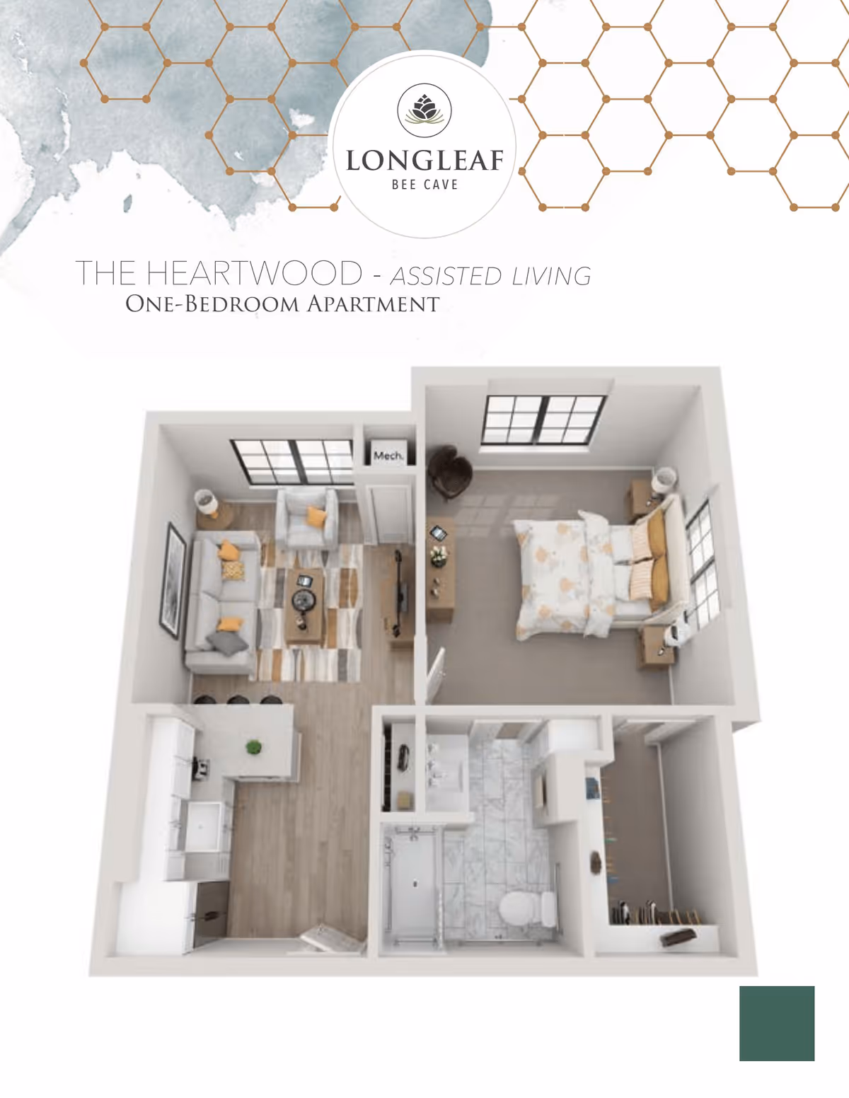Floor plan of The Heartwood one-bedroom assisted living apartment at Longleaf Bee Cave, showing a living room with sofa and armchair, a kitchen with appliances and counter, a bedroom with a bed and nightstands, a bathroom with a shower and toilet, and a walk-in closet.