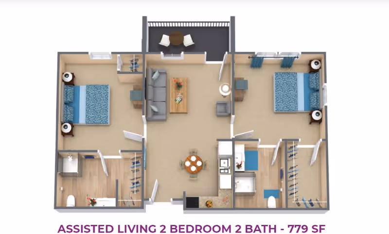 3D floor plan of an assisted living apartment with two bedrooms and two bathrooms. The layout includes a living room with sofa and chairs, a dining area with a round table and four chairs, a kitchen with appliances, two bedrooms each with a bed and nightstands, two bathrooms, and closets. There is also a balcony with two chairs and a small table.