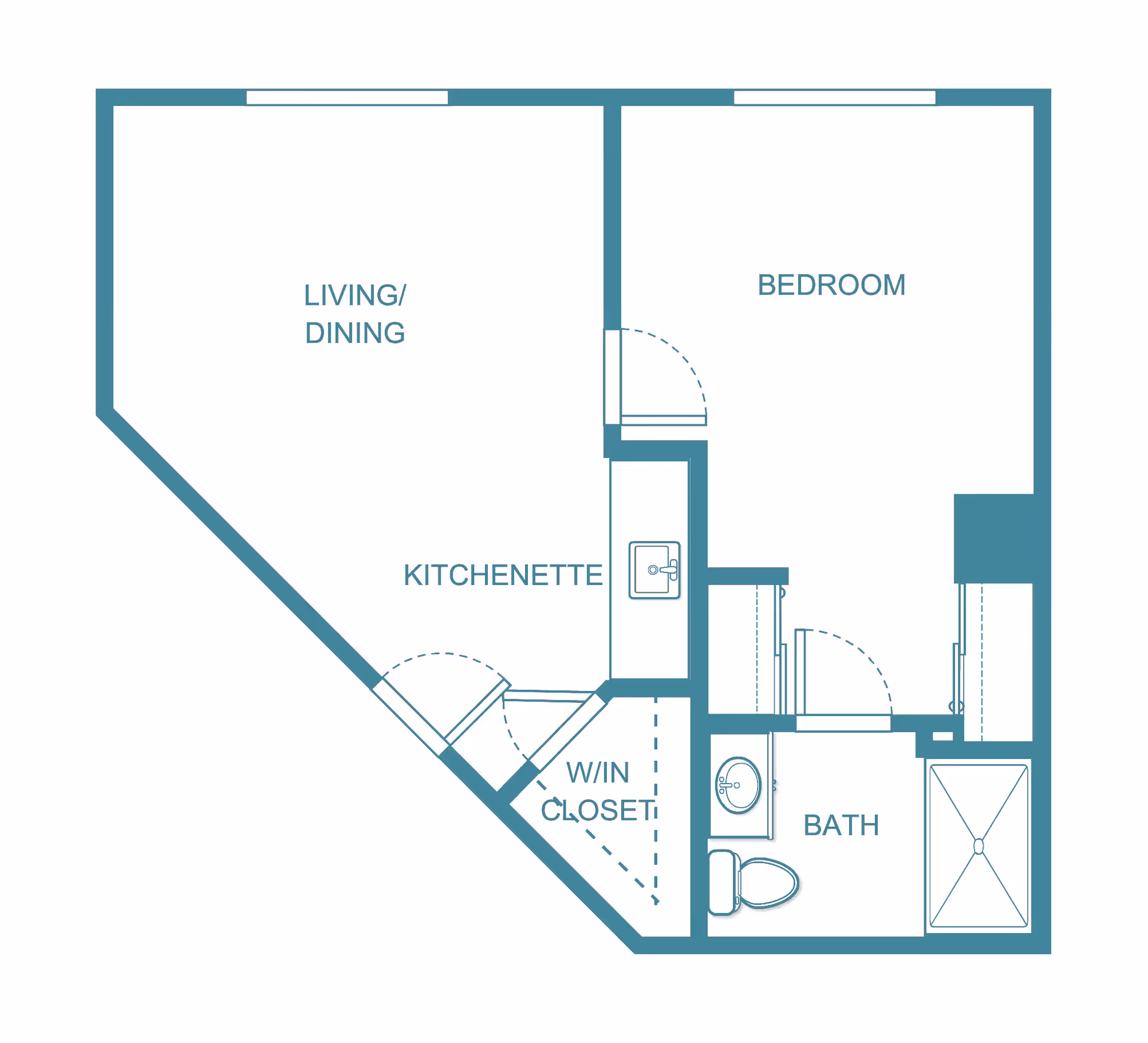 Floor plan layout of a senior living unit showing a living/dining area, kitchenette, walk-in closet, bedroom, and bathroom with a toilet, sink, and shower.