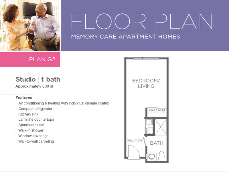 Floor plan information for Drake Terrace memory care apartment homes, showing Plan G2 which is a studio with 1 bath approximately 300 square feet. Features include air conditioning and heating with individual climate control, compact refrigerator, kitchen sink, laminate countertops, spacious closet, walk-in shower, window coverings, and wall-to-wall carpeting. The image also includes a photo of a caregiver interacting with an elderly man.