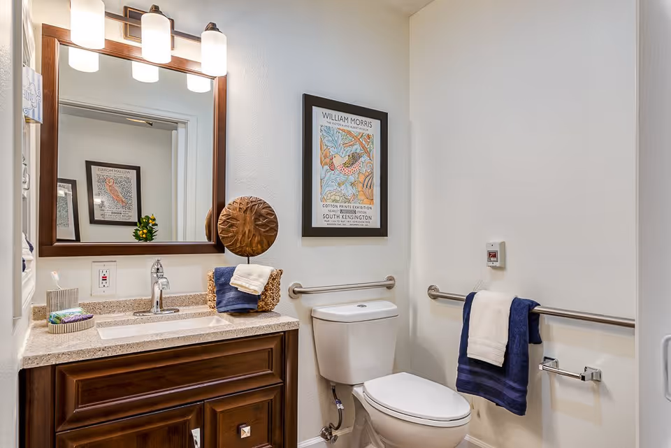 A clean and well-lit bathroom featuring a wooden vanity with a granite countertop, a rectangular mirror with three light fixtures above it, a white toilet with grab bars on the walls, a towel rack holding a blue and white towel, and a framed artwork on the wall.