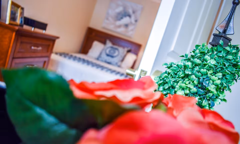View into a bedroom with a wooden bed frame and a neatly made bed with white and patterned bedding. A wooden nightstand with drawers is beside the bed, and a framed picture hangs on the wall above the headboard. In the foreground, there are blurred red flowers and a green leafy plant near a white door.