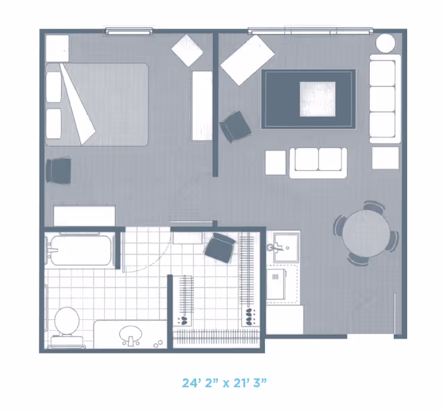 Floor plan of a one-bedroom apartment featuring a bedroom with a bed and chair, a living room with sofas, chairs, a coffee table, and a round dining table with four chairs, a kitchen area with a sink and stove, a bathroom with a bathtub, toilet, and sink, and a closet space.