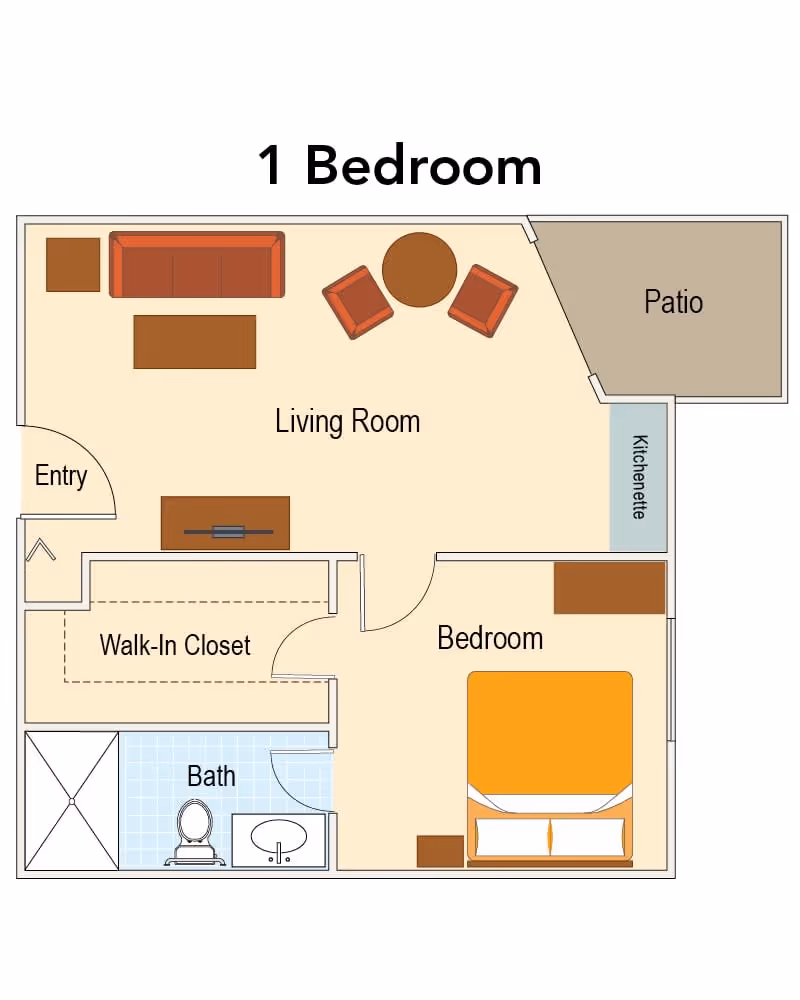 Floor plan of a one-bedroom unit featuring a living room, kitchenette, bedroom, bath, and patio.