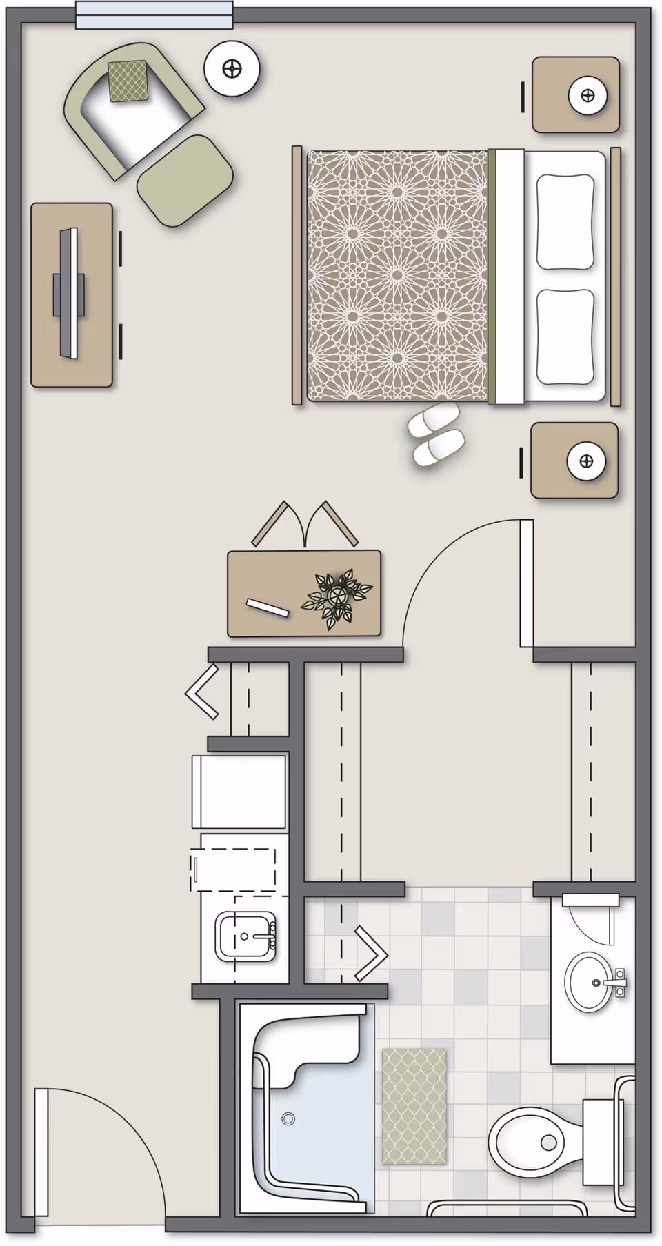 Floor plan of a senior living facility room featuring a bedroom with a bed, two nightstands, a chair with an ottoman, a TV on a stand, and a small table with a plant. The room also includes a bathroom with a shower, toilet, and sink, as well as a small kitchenette area with a sink and refrigerator.