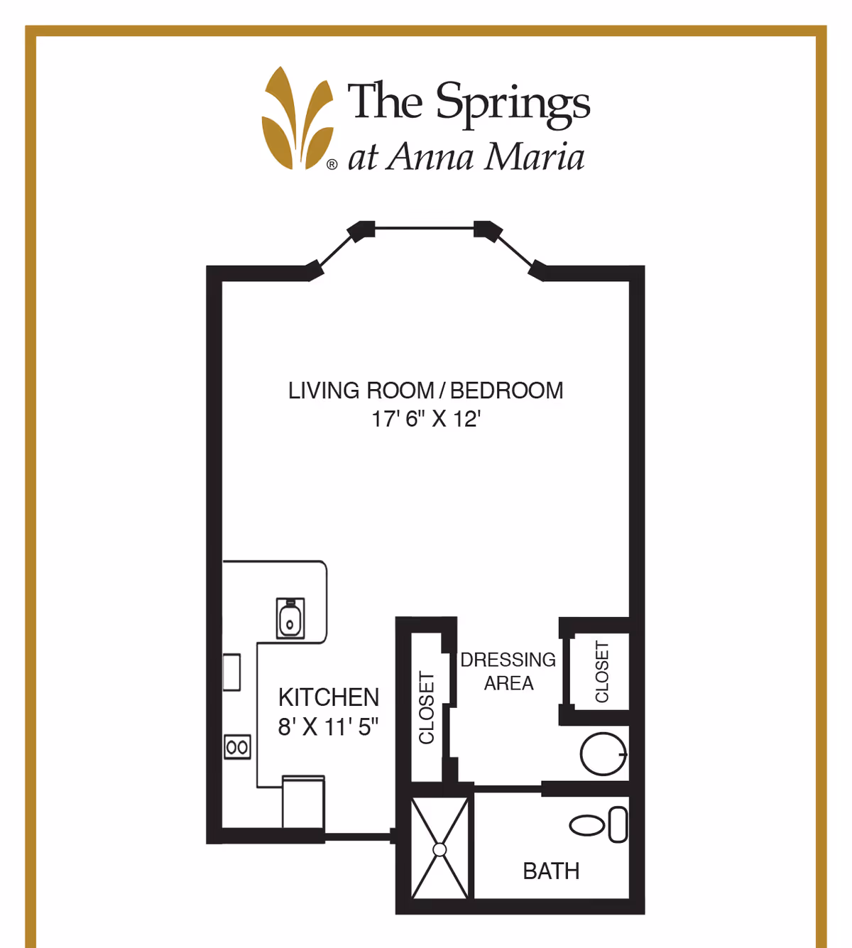 Floor plan for The Springs at Anna Maria studio showing a living room/bedroom (17 ft 6 in x 12 ft), kitchen, dressing area, closets, and bathroom.