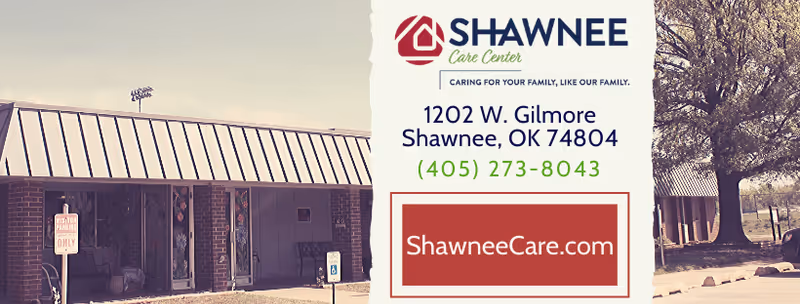Front exterior of Shawnee Care Center building showing its logo, address, phone number and website.