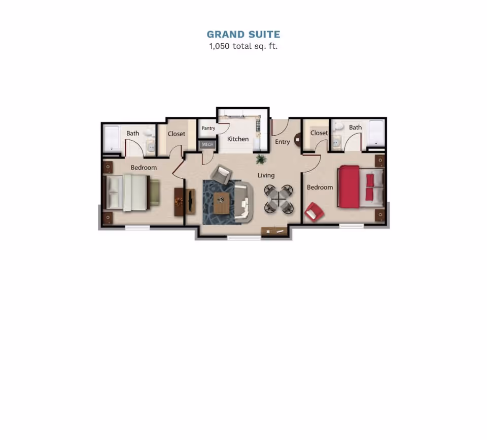 Floor plan labeled 'Grand Suite' showing a 1,050 sq ft two-bedroom, two-bath apartment with living room, kitchen, closets and pantry.