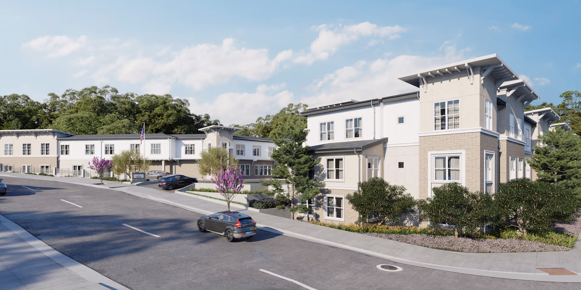 Exterior view of a modern senior living facility named Sunrise Of Orange, showing a multi-story building with large windows, landscaped greenery, and a road with cars in front under a partly cloudy sky.