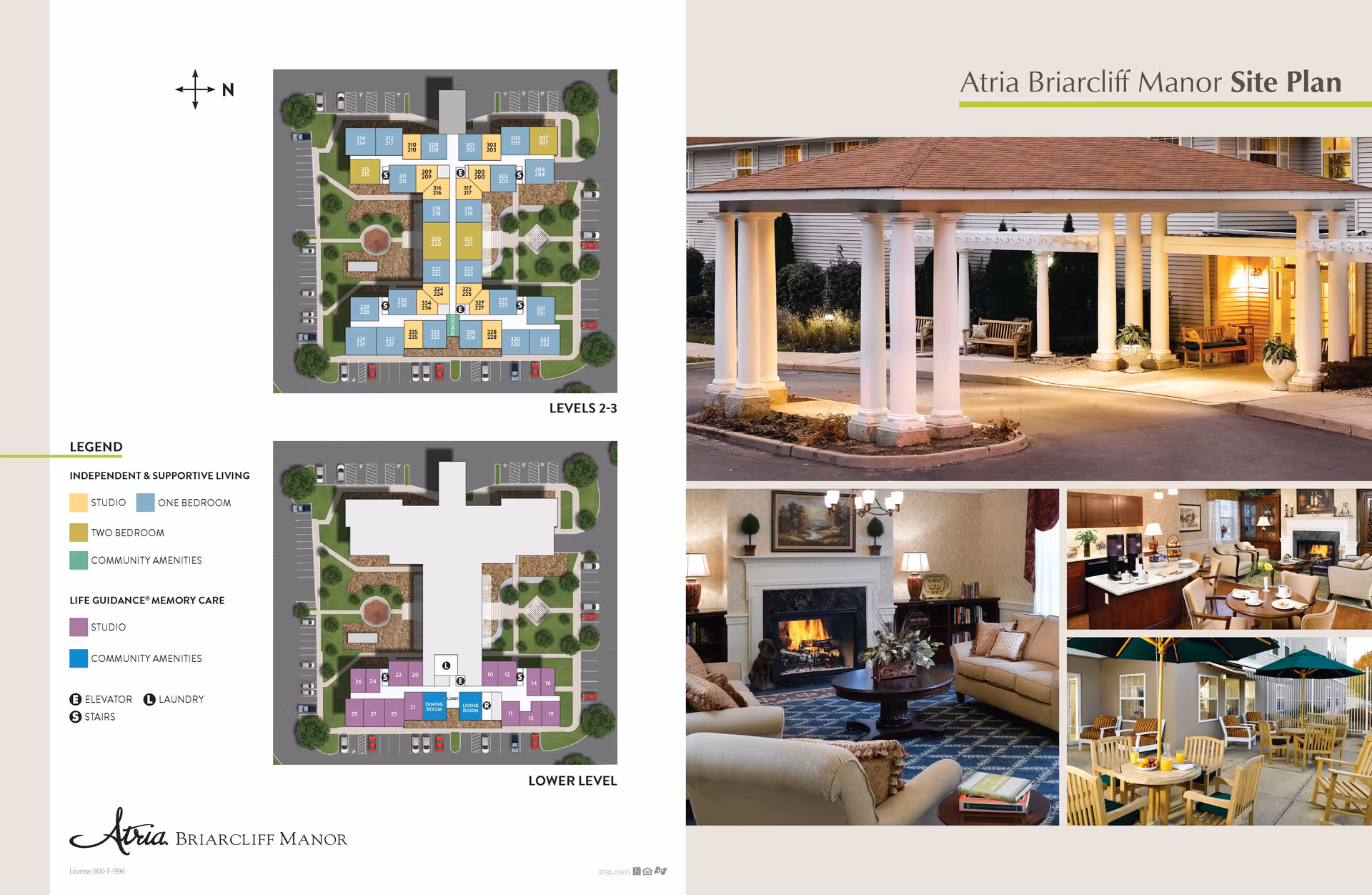 Site plan and photos of Atria Briarcliff Manor senior living facility. Left side shows floor plans for lower level and levels 2-3 with color-coded legend for independent living and memory care units. Right side features four photos: covered entrance with columns at dusk, cozy living room with fireplace, dining area with coffee station, and outdoor patio with tables and umbrellas.