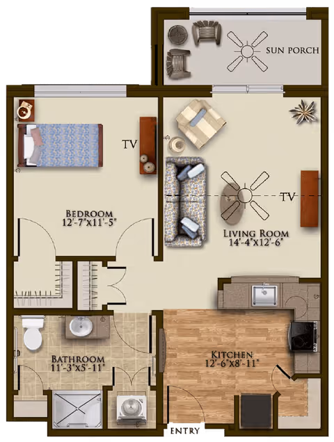 Floor plan of a senior living apartment at Harmony at Oakbrooke showing a bedroom with a bed and TV, a living room with sofa, armchair, TV, and ceiling fan, a kitchen with appliances and sink, a bathroom with toilet, sink, and shower, and a sun porch with two chairs and a small table.