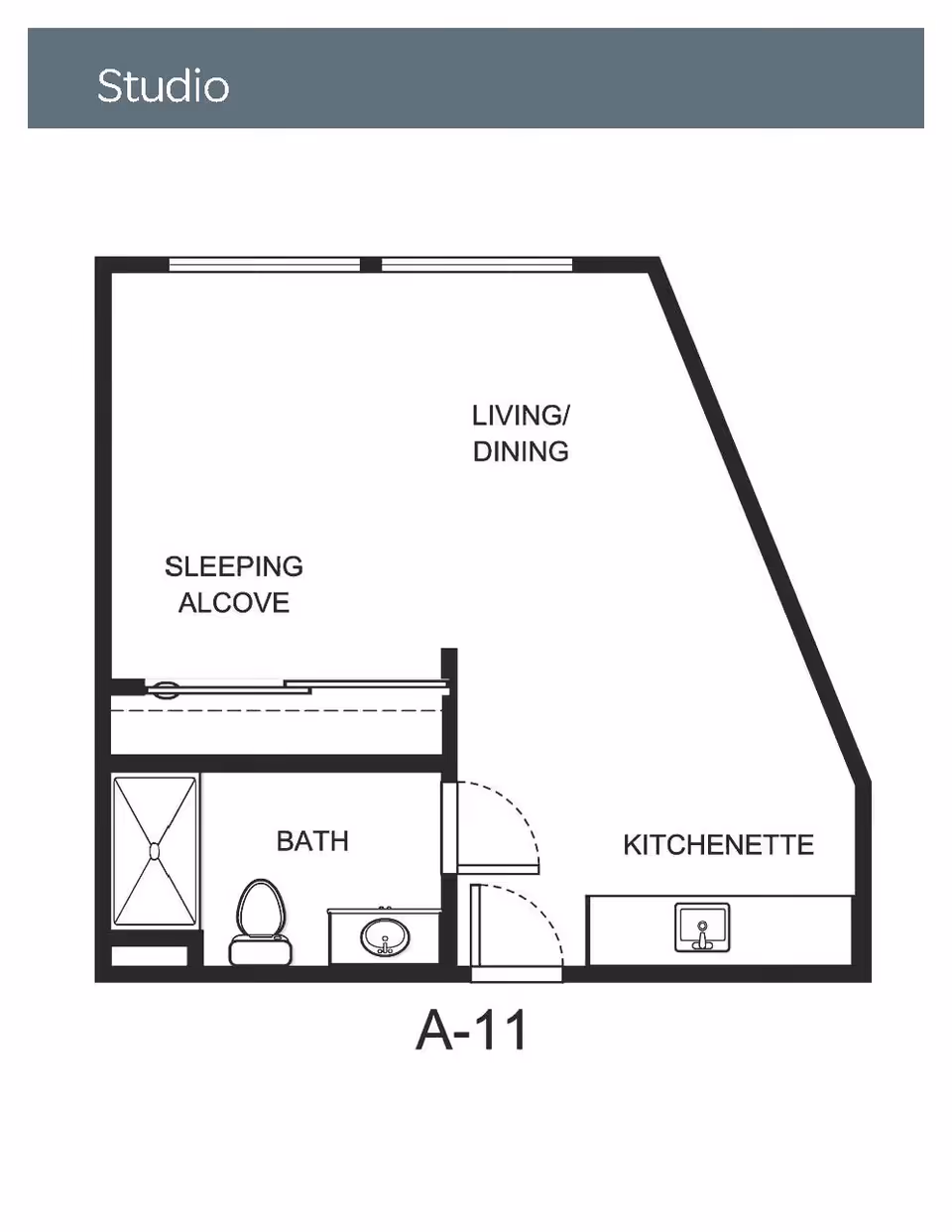 Floor plan of a studio apartment labeled A-11 showing a sleeping alcove, bath with shower, toilet, and sink, living/dining area, and kitchenette with a sink.