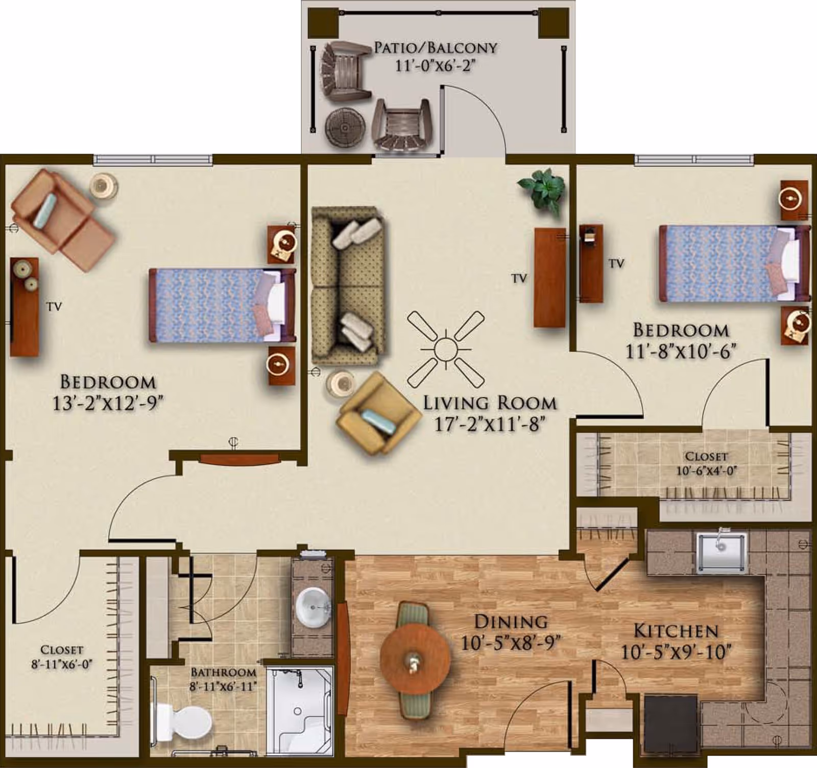 Floor plan of a residential unit showing two bedrooms, a living room, a dining area, a kitchen, a bathroom, closets, and a patio/balcony. The living room has a sofa, armchair, and TV. Each bedroom has a bed, nightstands, and a TV. The dining area has a round table with four chairs. The kitchen is adjacent to the dining area. The bathroom includes a toilet, sink, and shower. The patio/balcony has two chairs and a small table.