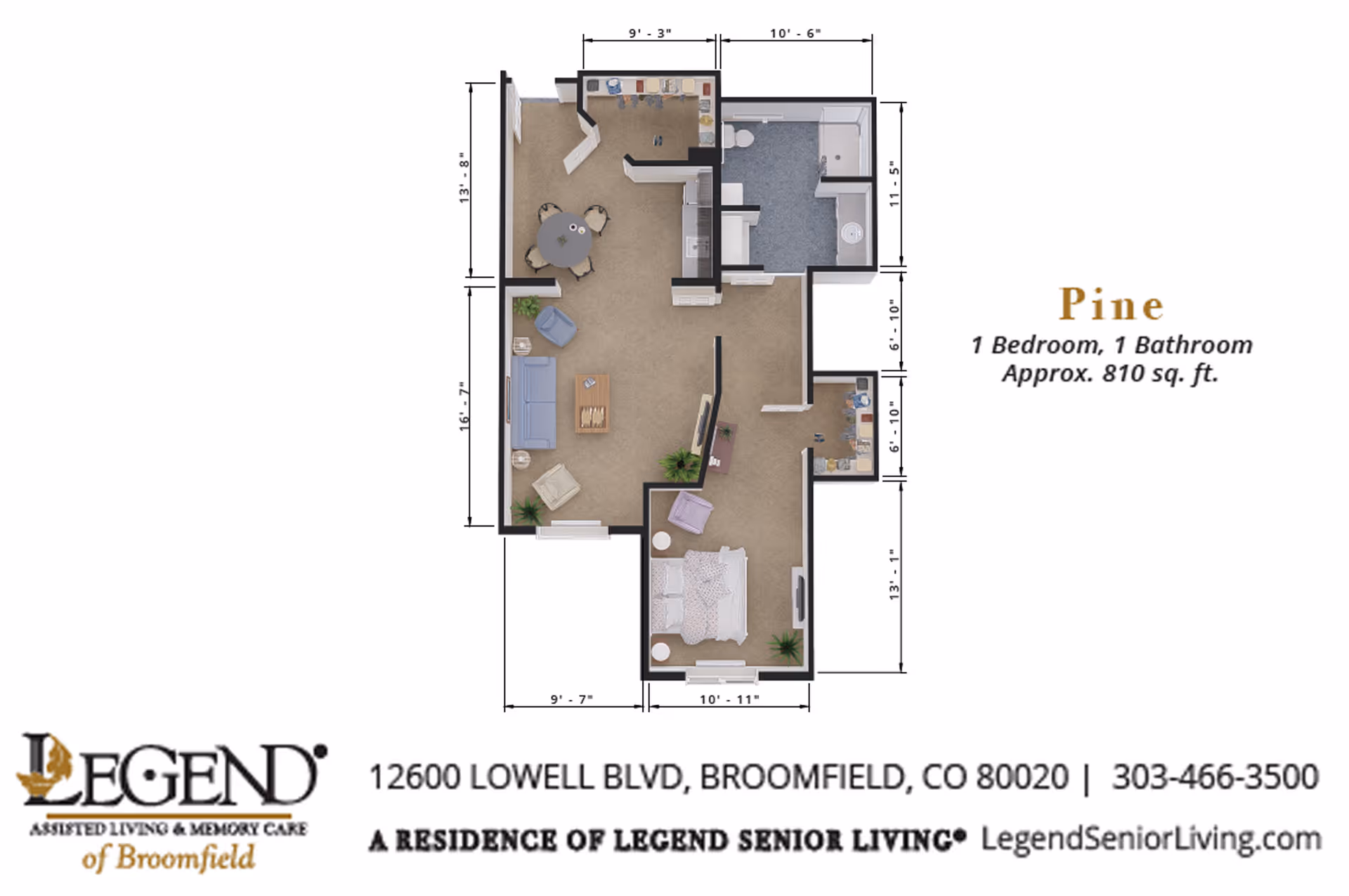 Floor plan of a one-bedroom, one-bathroom apartment named Pine at Legend of Broomfield. The layout includes a bedroom with a bed and nightstands, a living room with seating and a coffee table, a dining area with a round table and chairs, a kitchen, and a bathroom with a shower, toilet, and sink. Dimensions of each room are marked around the floor plan.