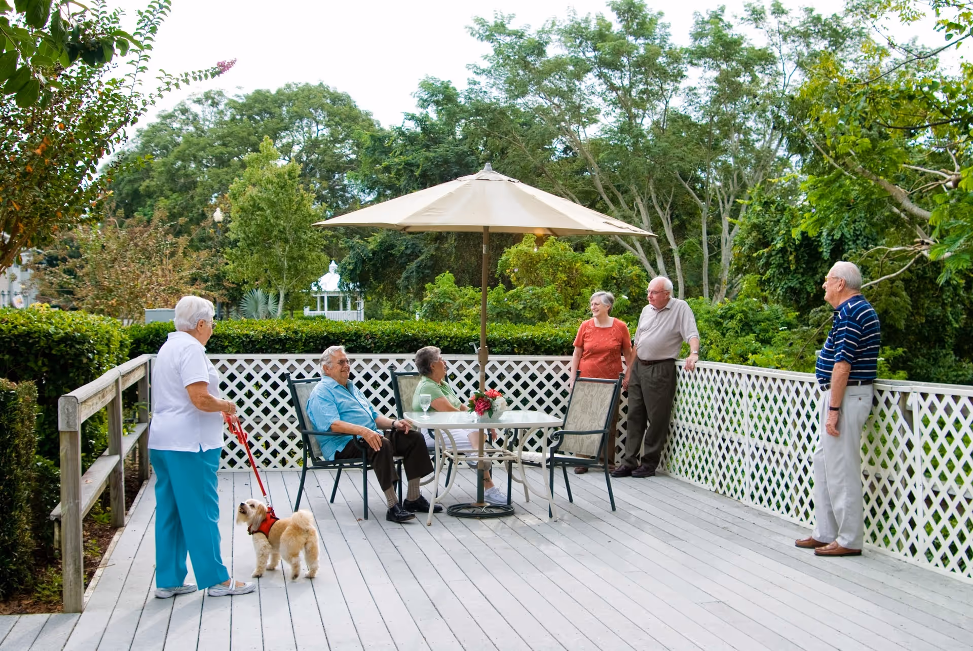 A group of six elderly people socializing on a wooden deck with white lattice railing. Two are seated at a table with an umbrella, while the others stand nearby. One woman is holding a small dog on a leash. The deck is surrounded by green trees and bushes.