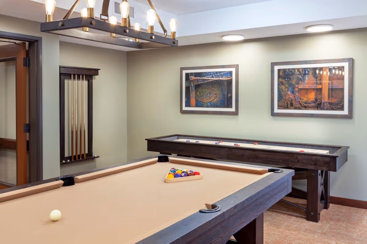 Interior room with a pool table and a shuffleboard table. The pool table has a beige felt surface with billiard balls racked and a cue ball placed on the table. The shuffleboard table is positioned against the wall with two framed pictures hanging above it. A wall-mounted rack holds pool cues, and a modern light fixture with exposed bulbs hangs above the pool table. The room has light-colored walls and carpeted flooring.
