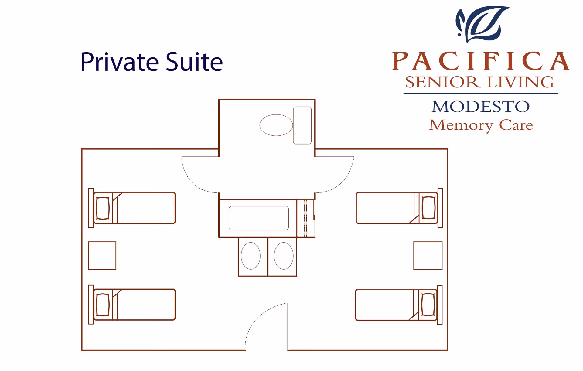 Floor plan of a private suite at Pacifica Senior Living Modesto Memory Care, showing two separate sleeping areas each with two beds and nightstands, a shared bathroom with two sinks, a bathtub, and a toilet.