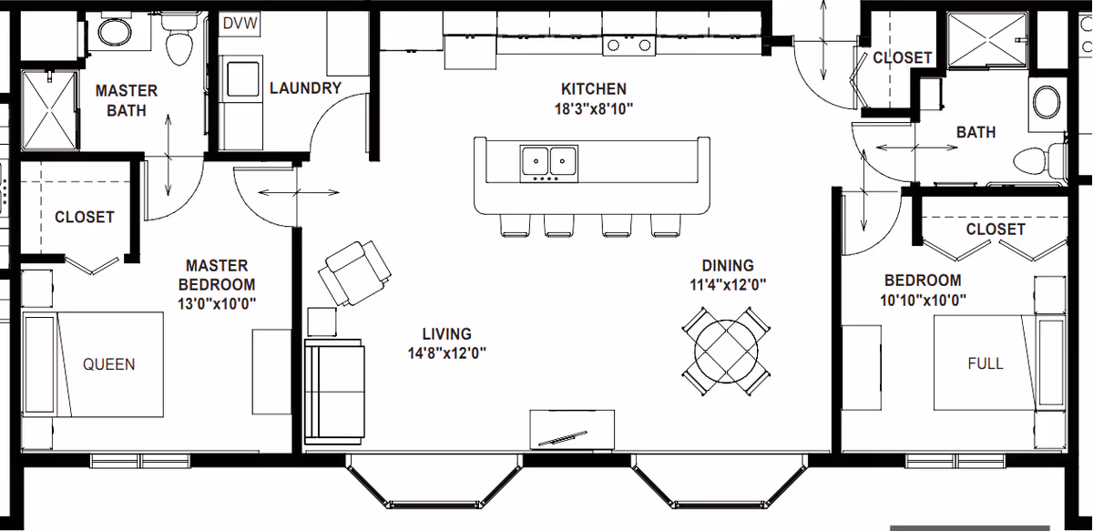 Architectural floor plan of a residential unit at The Meadows Senior Community showing a master bedroom with queen bed, master bath, closet, laundry area, kitchen with island and stools, living room with sofa and chair, dining area with round table and four chairs, a second bedroom with full bed, closet, and a bathroom.
