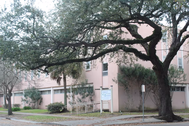 Exterior view of a pink brick building partially obscured by large trees with sprawling branches. There is a sidewalk and a ramp leading to the entrance, along with some bushes and greenery around the building. A sign is visible near the entrance, and the scene appears to be taken during the day.