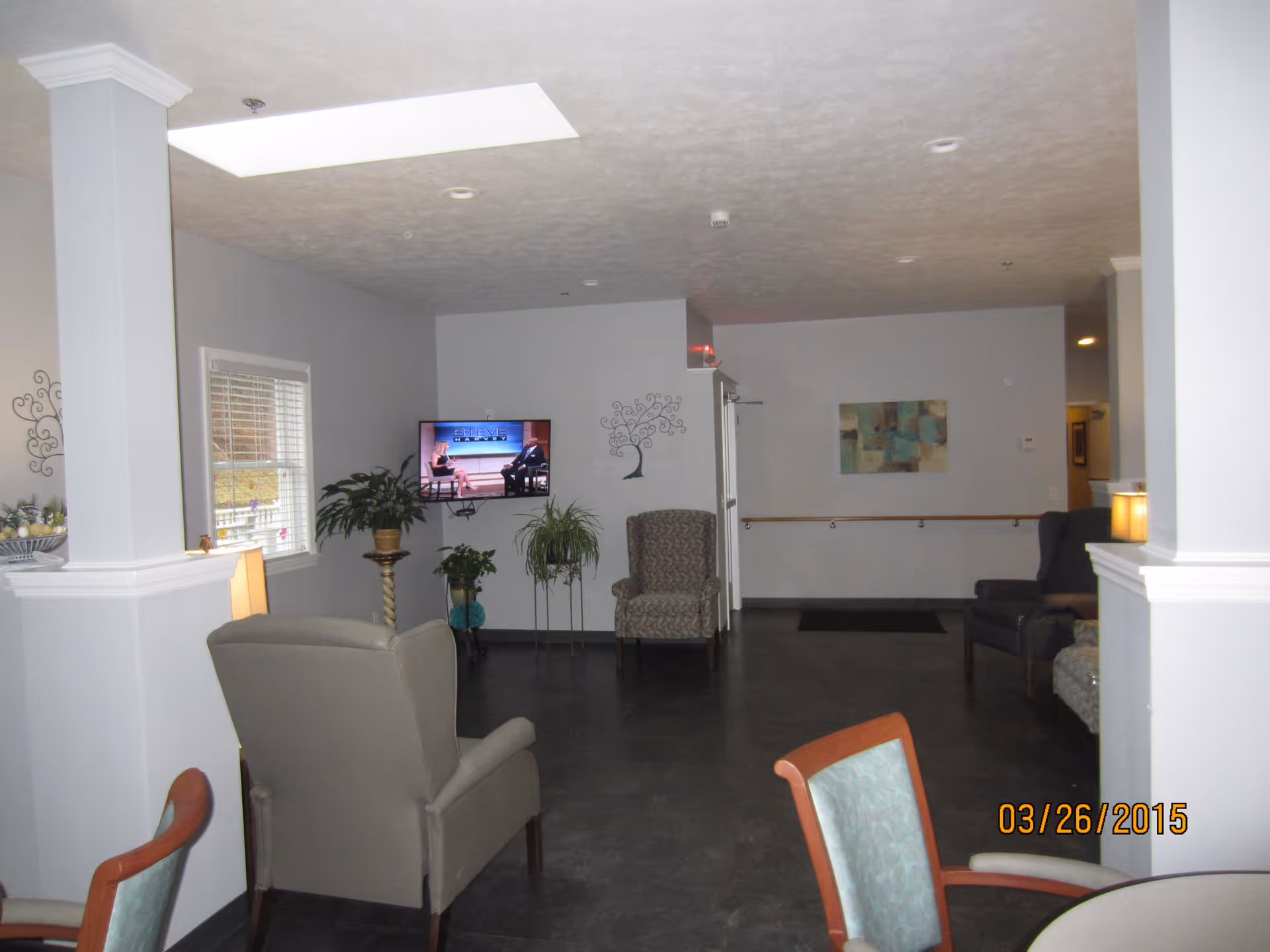 Interior view of a senior living facility common area with several armchairs and a wall-mounted TV showing the Steve Harvey show. There are plants on stands near the TV, wall decorations including a tree design and a painting, and a skylight on the ceiling. The floor is dark, and the walls are light gray. A round table with chairs is partially visible in the foreground.