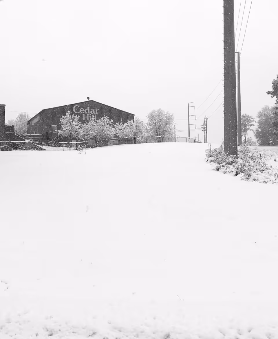 Snow-covered foreground leading to a building labeled "Cedar Hill" with trees and utility poles under falling snow.