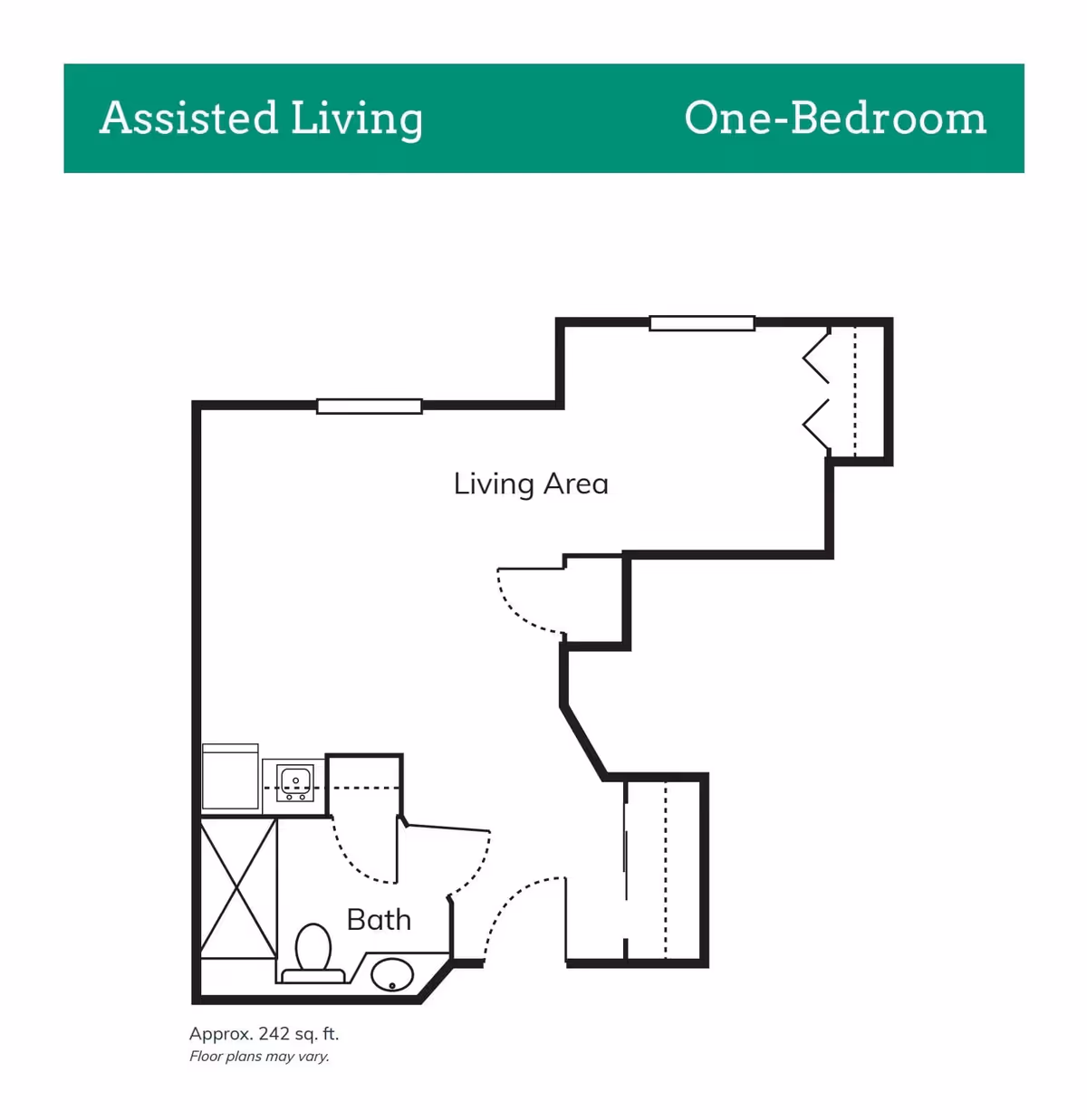 Floor plan layout of a one-bedroom assisted living unit at Aldea Green, showing a living area and a bathroom with a shower, toilet, and sink. The plan includes approximate size of 242 square feet and a note that floor plans may vary.