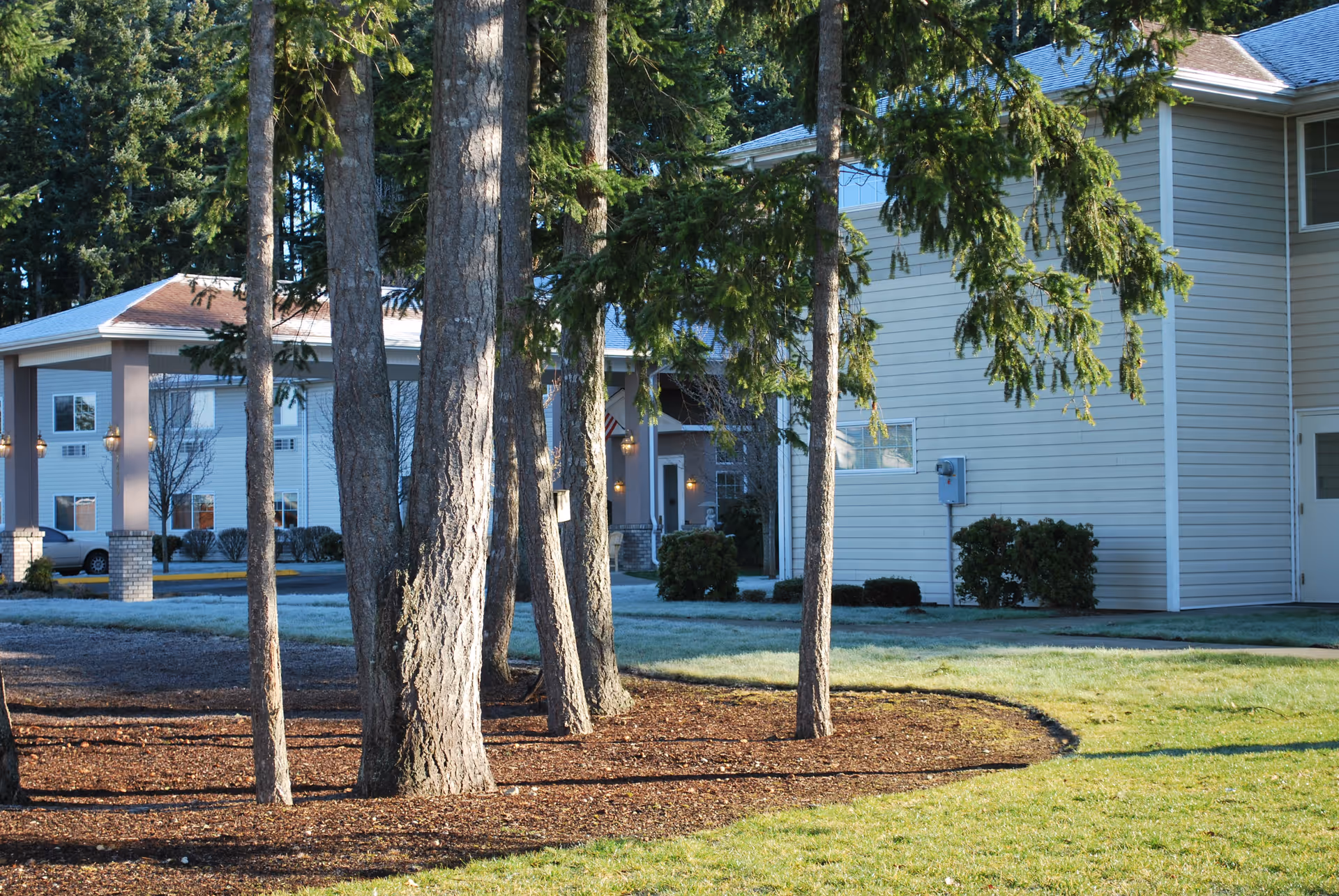 Outdoor view of a senior living facility with several tall trees in the foreground, a well-maintained lawn, and light-colored buildings in the background under clear daylight.