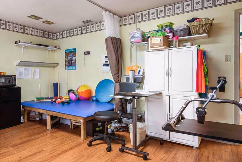 Small therapy/activity room with exercise mats, colorful therapy balls, a white storage cabinet, and equipment on a wood floor.