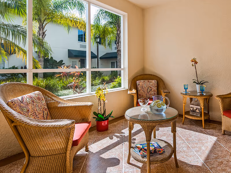 Sunlit wicker seating area with cushioned chairs, a glass-top table, potted plants, and a large window showing palm trees outside.