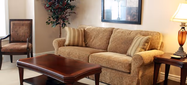 A cozy living room with a patterned beige sofa adorned with two striped pillows, a dark wooden coffee table in front, a side table with a lamp, a framed picture on the wall, a potted plant in the corner, and an upholstered chair near a window.