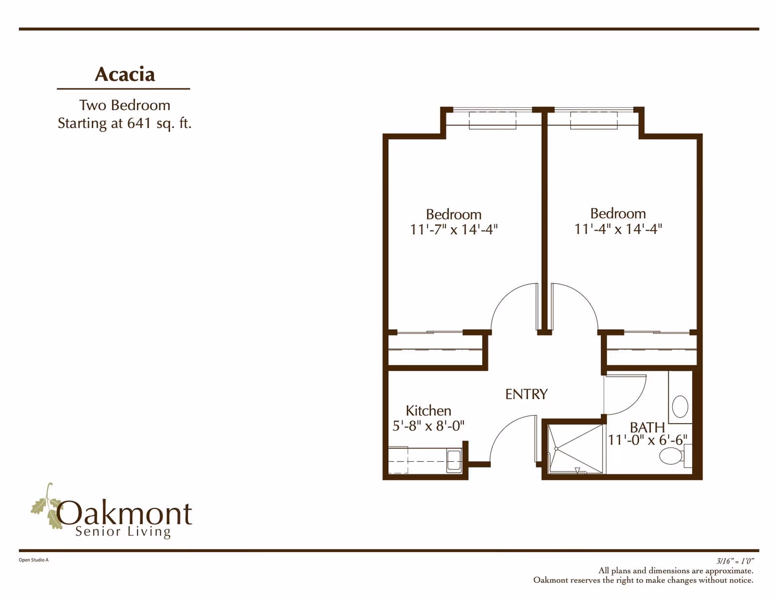 Floor plan of Acacia two-bedroom apartment at Oakmont Senior Living, showing two bedrooms, a kitchen, an entry area, and a bathroom with dimensions.