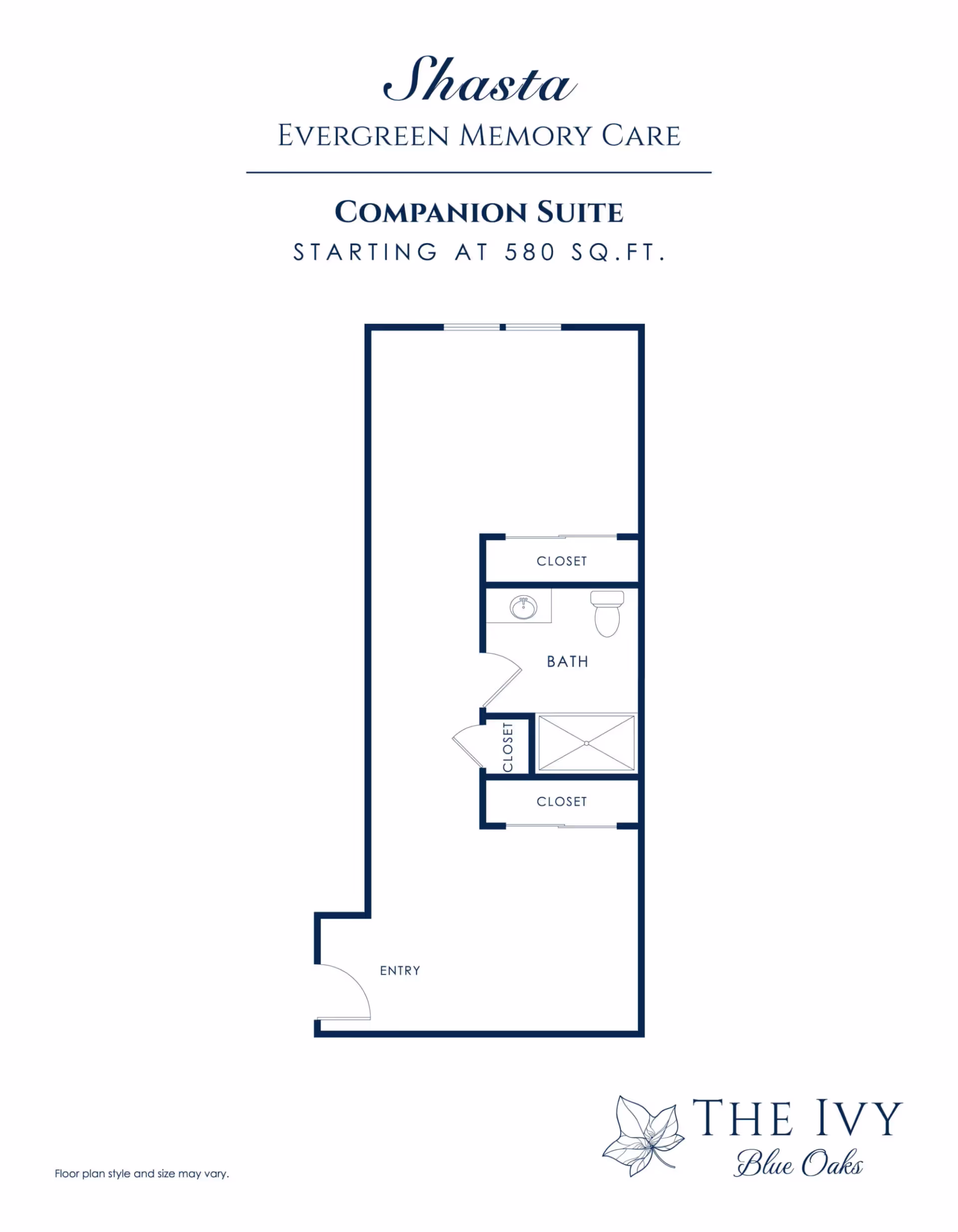 Blueprint-style floor plan for the Shasta companion suite showing an entry, bathroom, multiple closets, and layout labeled starting at 580 sq. ft.