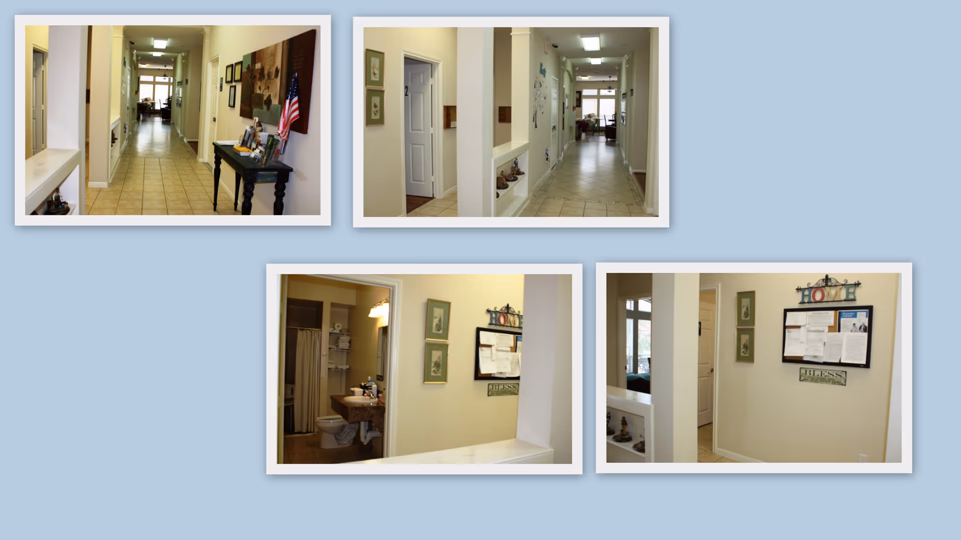 Collage of interior photos showing a long tiled hallway with an entry table and American flag, doorways, a bathroom with sink and toilet, and a bulletin board on beige walls.