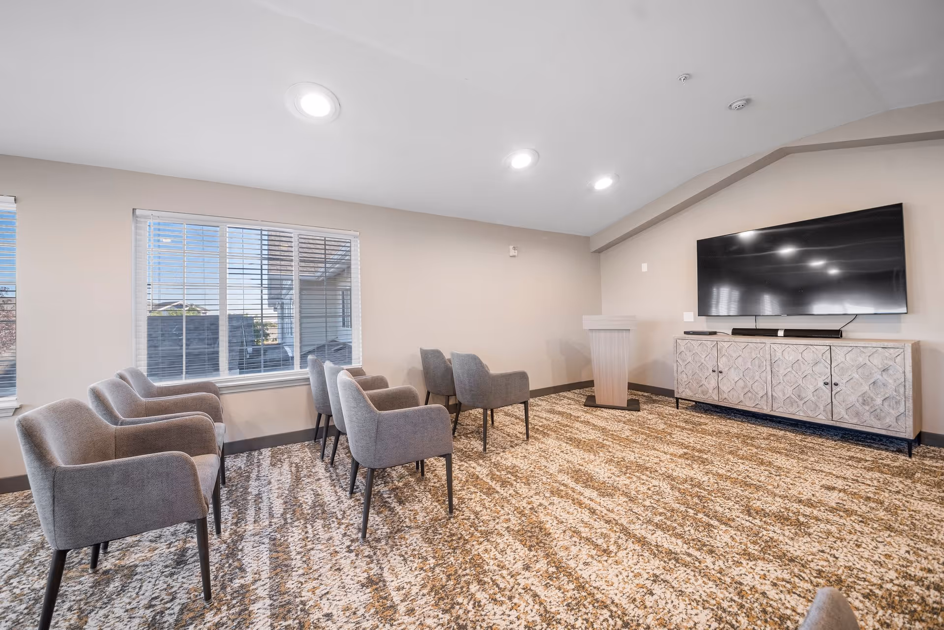 A small meeting or presentation room with six gray upholstered chairs arranged in two rows facing a large flat-screen TV mounted on the wall above a decorative cabinet. The room has beige walls, a patterned carpet, and three round ceiling lights. There is a window with white blinds letting in natural light.