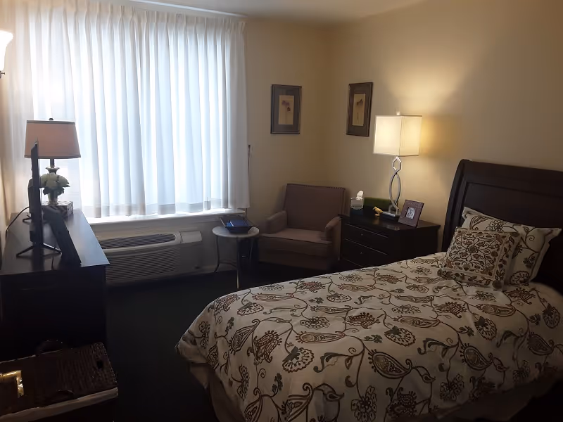 Furnished single bedroom with a patterned bed, nightstand and lamp, armchair by a curtained window, and a dresser with TV.