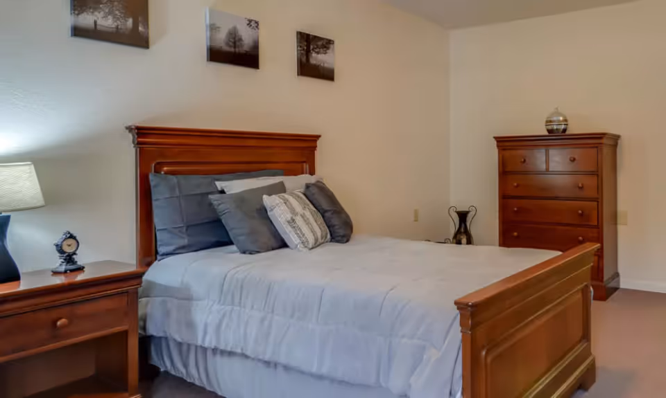 Bedroom with a wooden bedframe dressed in gray bedding, a nightstand with lamp and clock, wall art, and a matching wooden dresser.