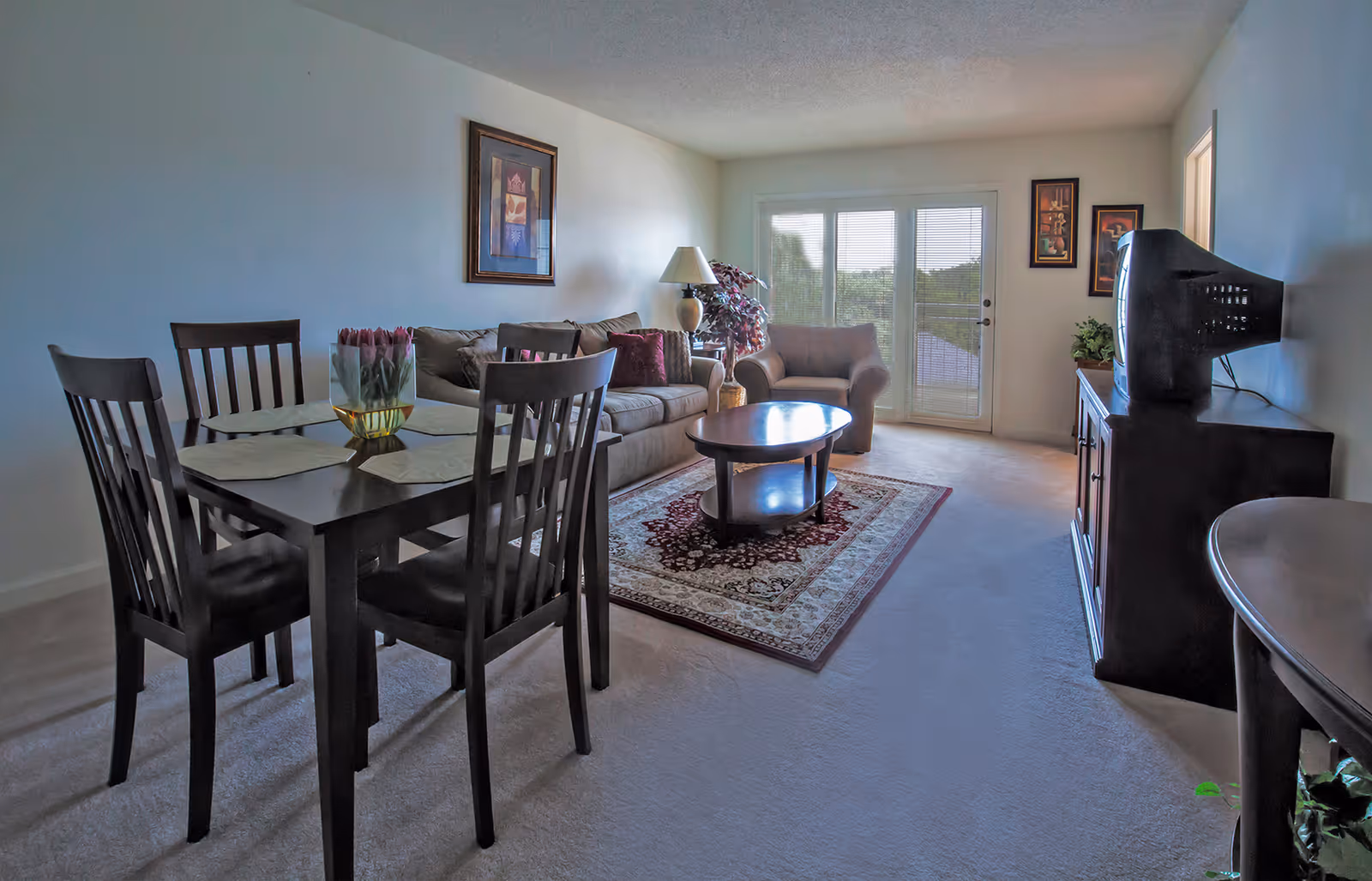 A living room and dining area with a dark wooden dining table and four chairs, a beige sofa with cushions, an armchair, a coffee table on a patterned rug, a TV on a wooden stand, framed artwork on the walls, a table lamp, and glass doors leading outside.