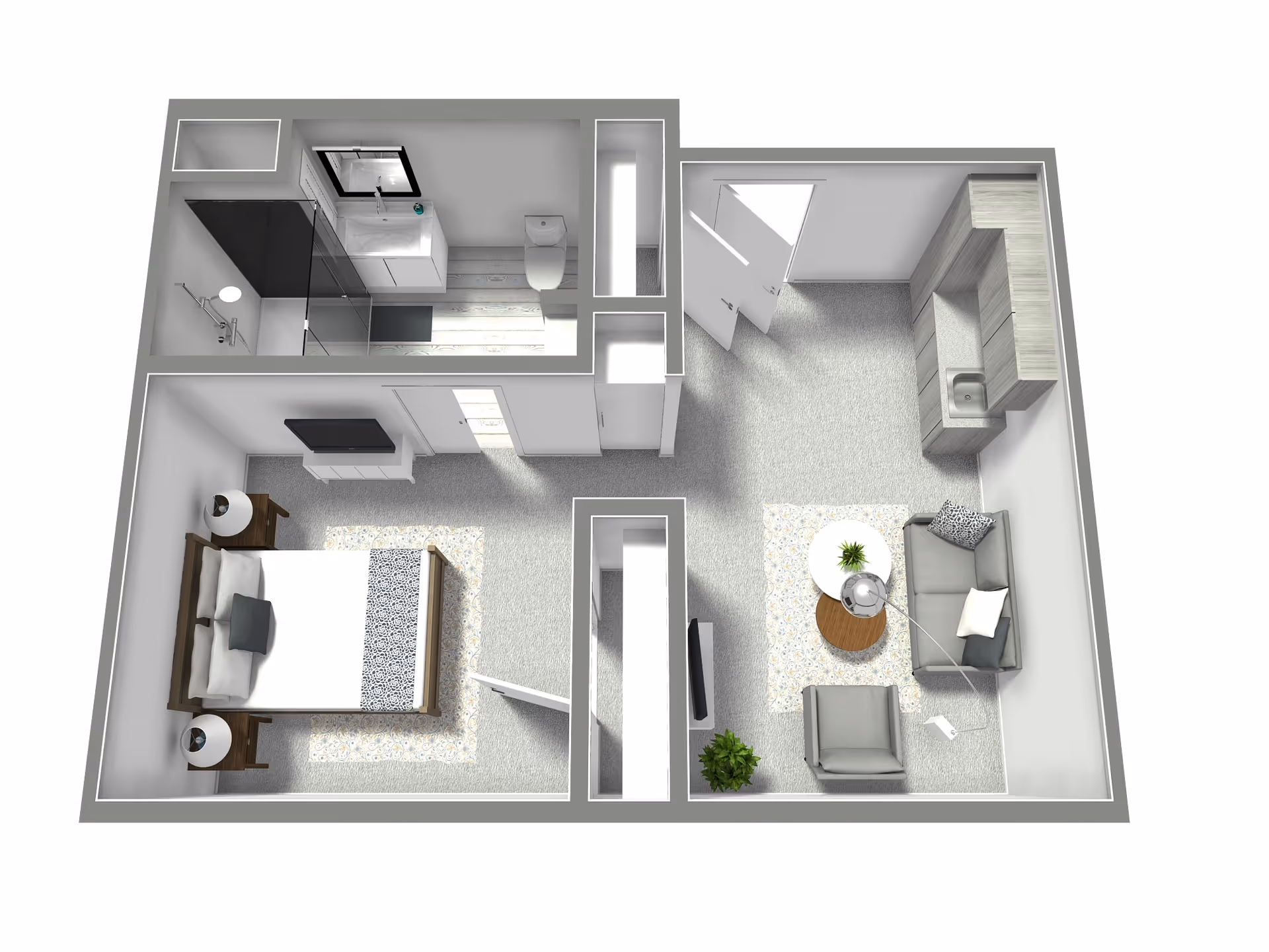 3D floor plan of a senior living apartment featuring a bedroom with a bed and nightstands, a bathroom with a shower, sink, and toilet, and a living room area with a sofa, armchair, coffee table, TV, and kitchenette with cabinets and a sink.