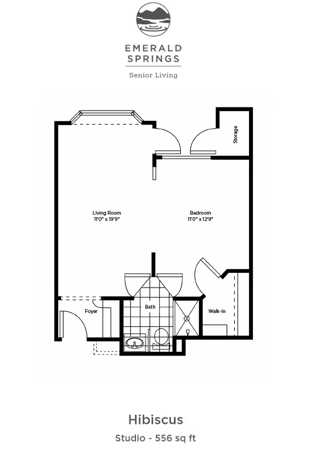 Black-and-white floor plan for a studio apartment labeled Hibiscus with the Emerald Springs Senior Living logo above.