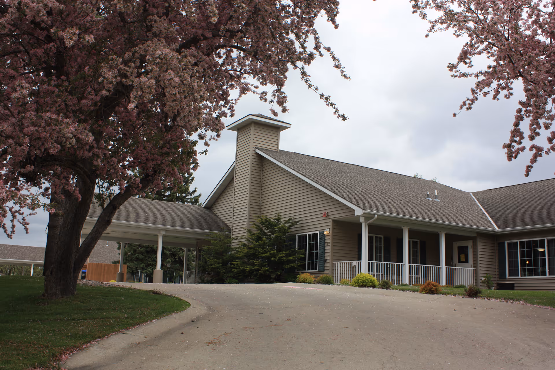 Front entrance of a single-story memory care building with a covered driveway and blooming pink trees framing the scene.