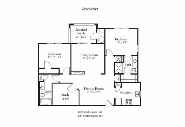 Floor plan titled 'Greenbrier' showing a two-bedroom, two-bath apartment layout with living room, dining room, kitchen, study, screened porch, and room dimensions.