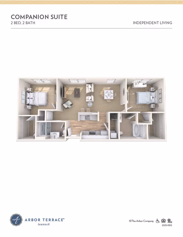 Floor plan of a companion suite in Arbor Terrace Teaneck showing 2 bedrooms and 2 bathrooms, with a living area, dining area, and kitchen in an independent living setting.
