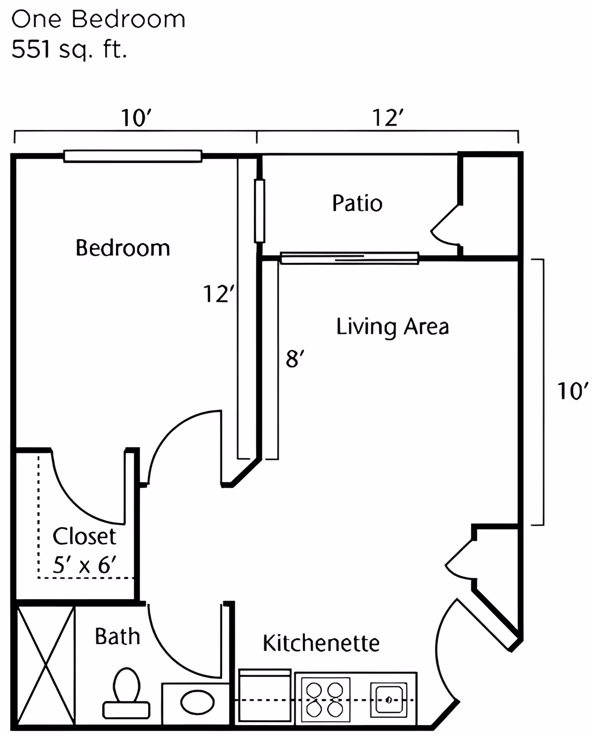 Black-and-white floor plan of a one-bedroom, 551 sq. ft. apartment showing a bedroom, living area, kitchenette, bath, closet and patio with dimensions.