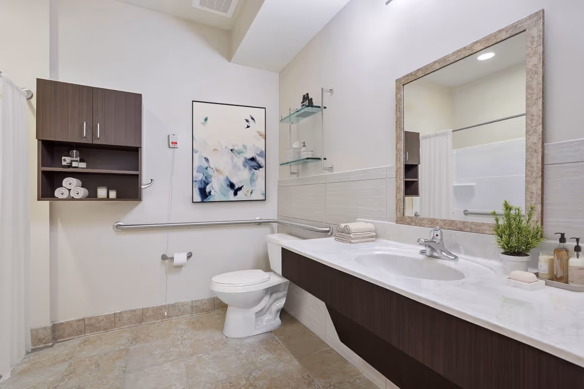 A clean and modern bathroom with a white toilet, a long countertop with a sink, a large framed mirror above the sink, a small potted plant, soap dispenser, and folded towels. There is a wall-mounted cabinet with rolled towels and toiletries, a shower curtain, and a piece of abstract artwork on the wall.