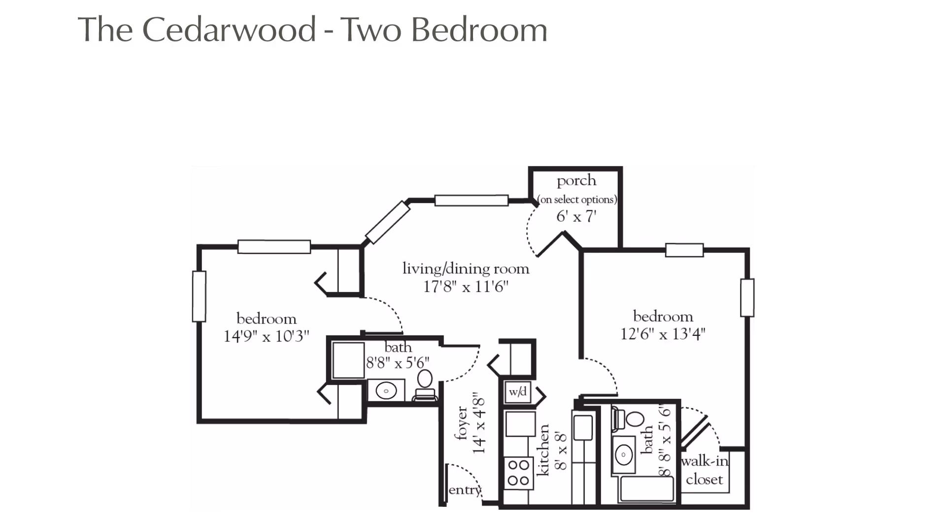 Floor plan of The Cedarwood two-bedroom apartment showing two bedrooms, two bathrooms, a living/dining room, kitchen, foyer, porch, and walk-in closet with dimensions.