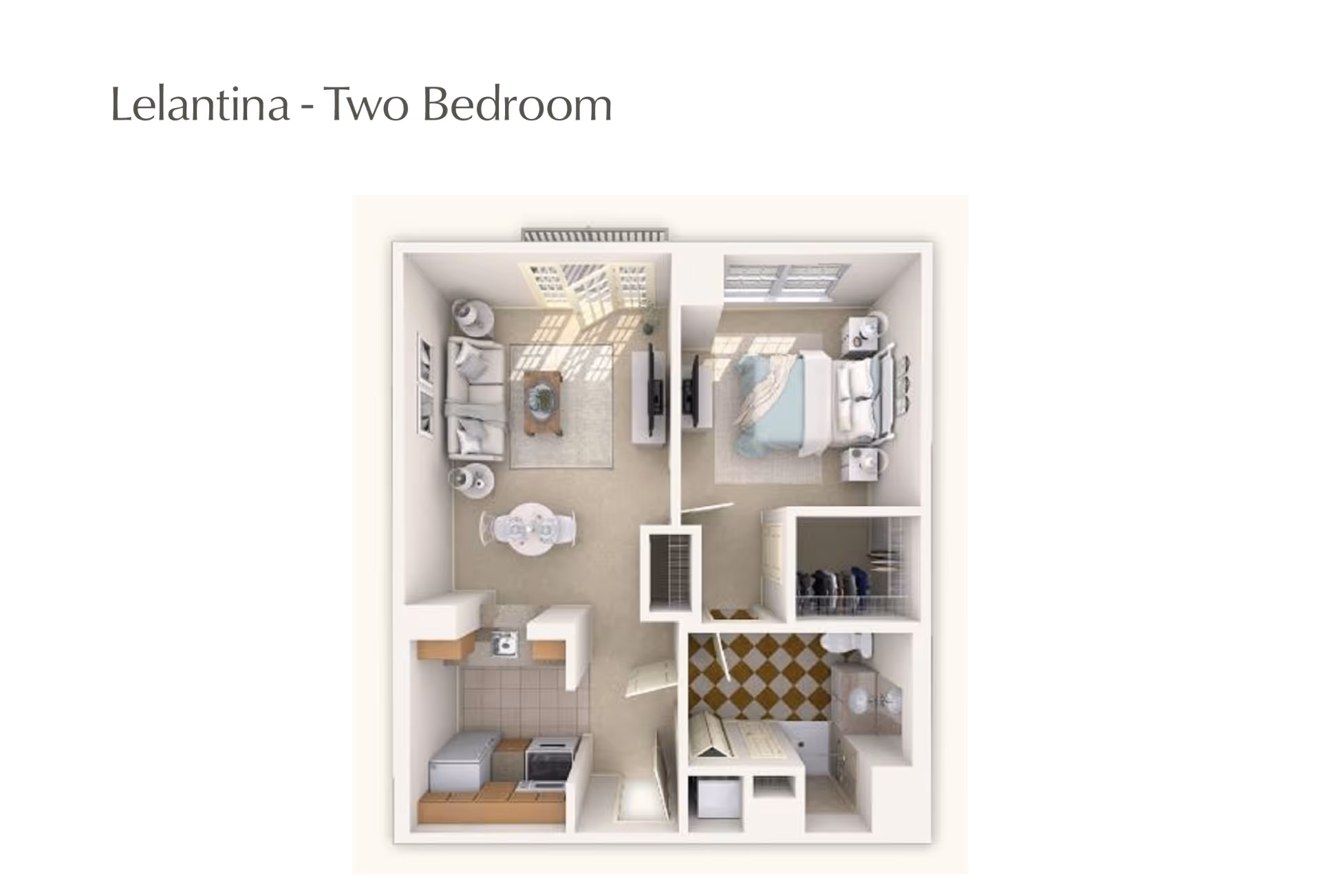 Floor plan of Lelantina two-bedroom apartment showing a living room with sofa and coffee table, dining area with round table and chairs, kitchen with appliances, one bedroom with bed and nightstands, a bathroom, and a closet.