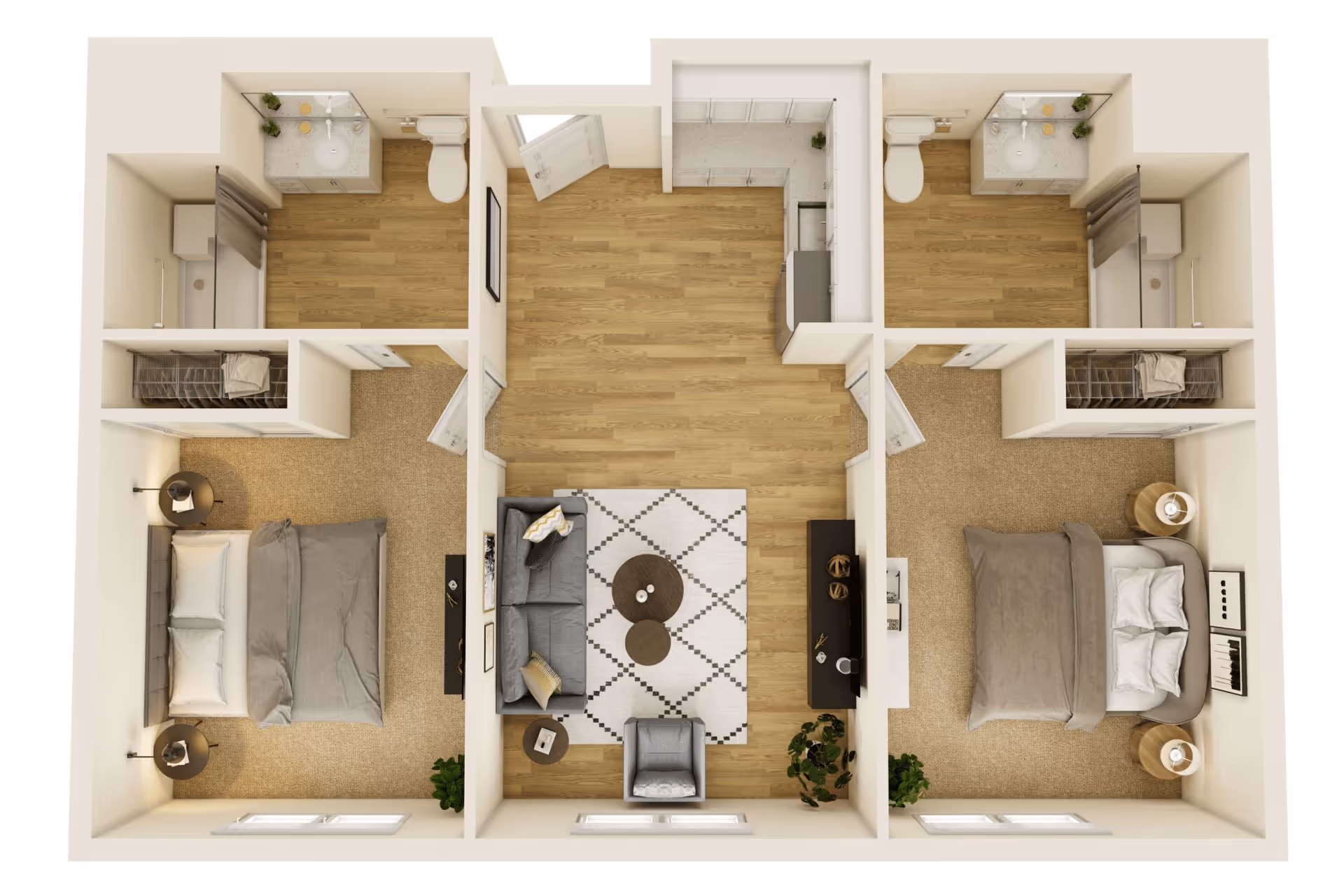 Top-down view of a two-bedroom apartment floor plan featuring two bedrooms with beds and nightstands, two bathrooms with sinks, toilets, and showers, a central living room with a sofa, armchair, coffee tables, and a TV stand, and a kitchen area with cabinetry and appliances.