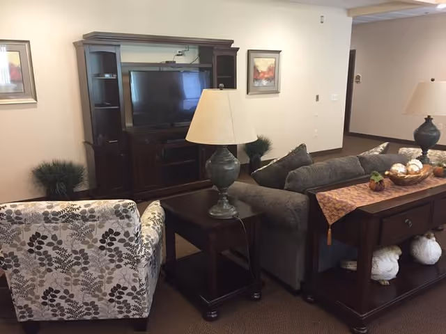 A cozy living room area with a patterned armchair, a gray sofa, and a dark wooden entertainment center with a flat-screen TV. There are two table lamps with beige shades on dark wooden side tables, framed artwork on the walls, and decorative plants and items on the furniture.